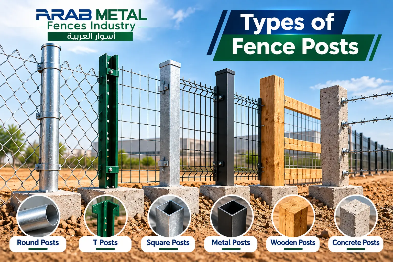 Different types of fence posts with metal, galvanized steel, wood and concrete construction