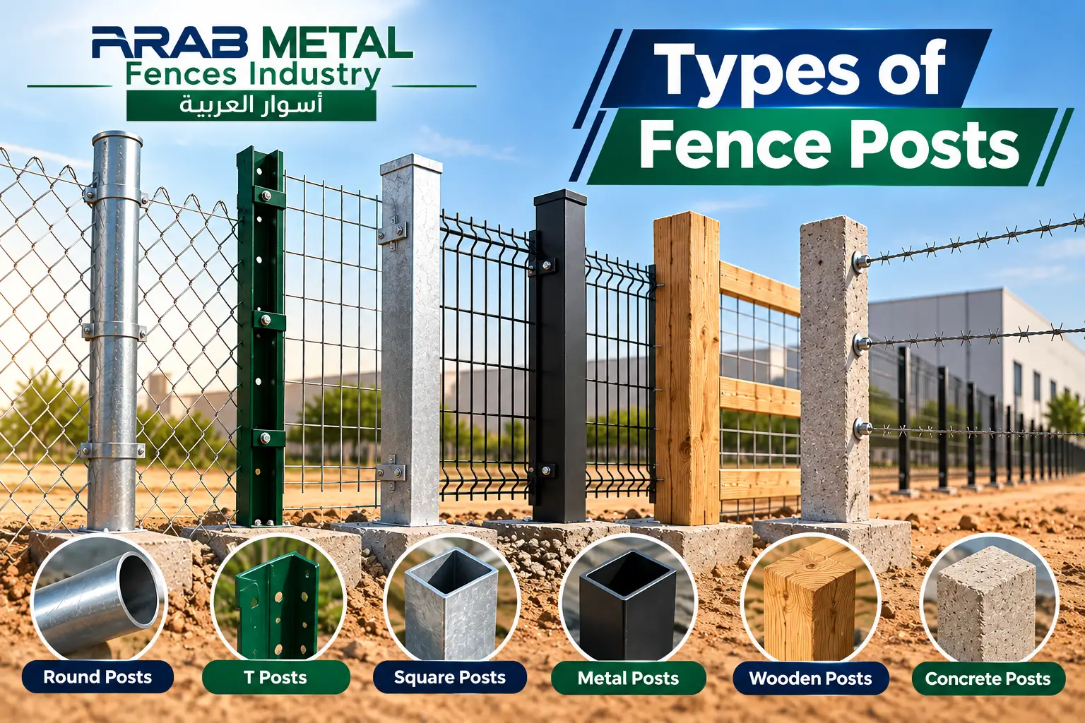 Types of Fence Posts for industrial security fencing including T-posts and galvanized metal posts