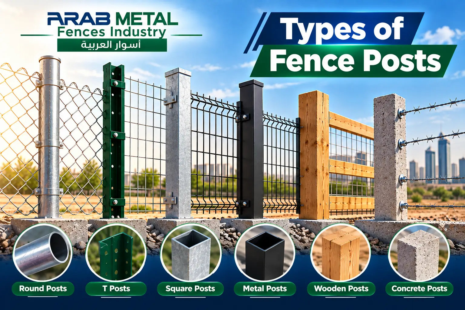 Types of Fence Posts with round steel, square metal, wooden and concrete posts for fencing applications