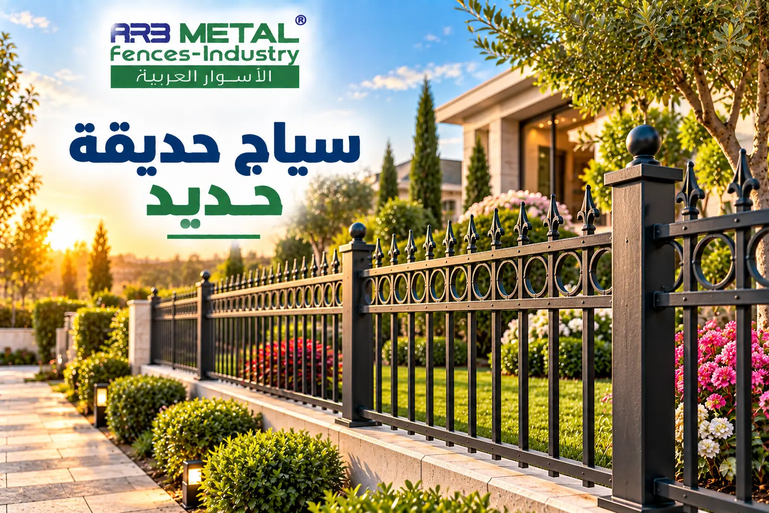 سياج حديقة حديد مزخرف بحلقات دائرية وقضبان معدنية سوداء