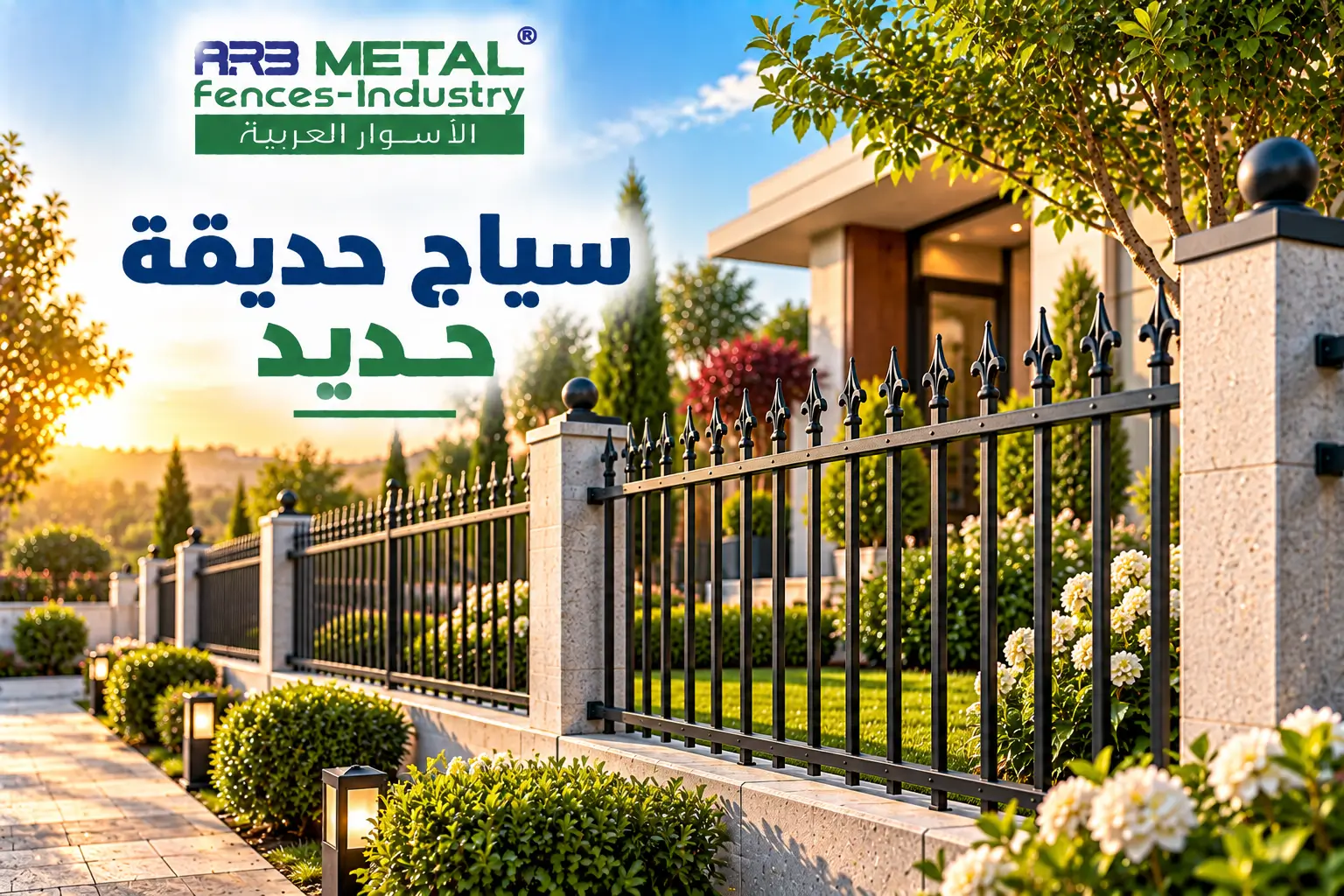 سياج حديد للحدائق السكنية بأعمدة حجرية وقمم مدببة